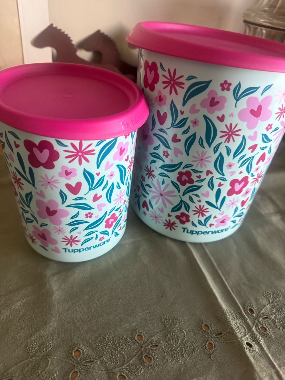 Tupperware White Canister Set with Hot Pink Lids & Floral Print